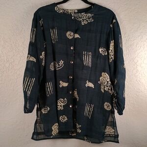 Chico's Sheer Black Blouse Animal Design Elephants Peacocks 100% Cotton Size 1